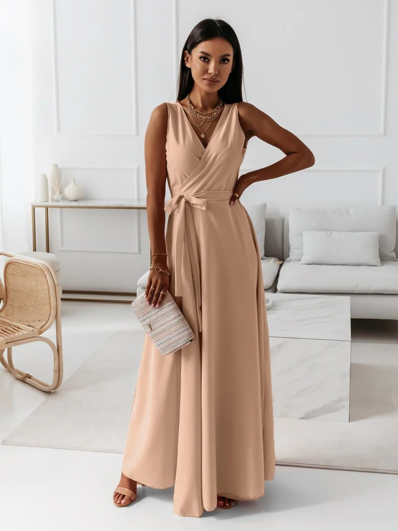 Gretchen - Ladies Single Color V-Neck Long Dress