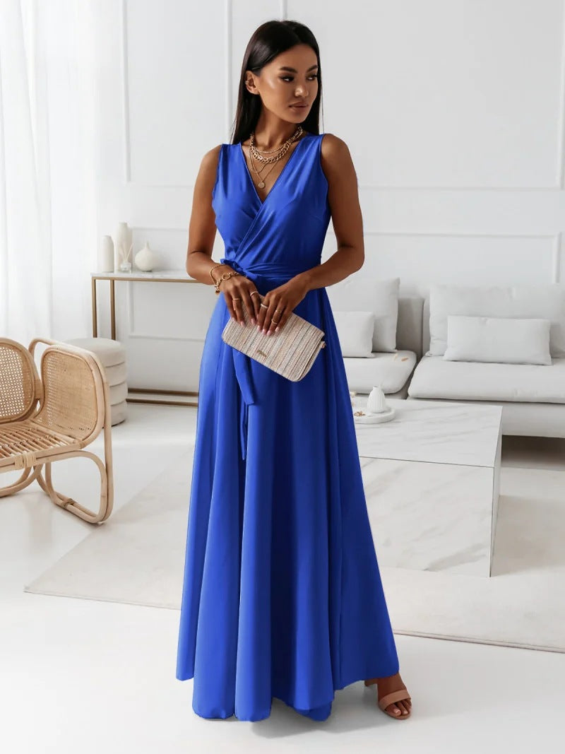 Gretchen - Ladies Single Color V-Neck Long Dress