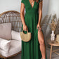 Gwendolyn - Deep V Neck Short Sleeves Pleated High Waist Split Dress Long Dress