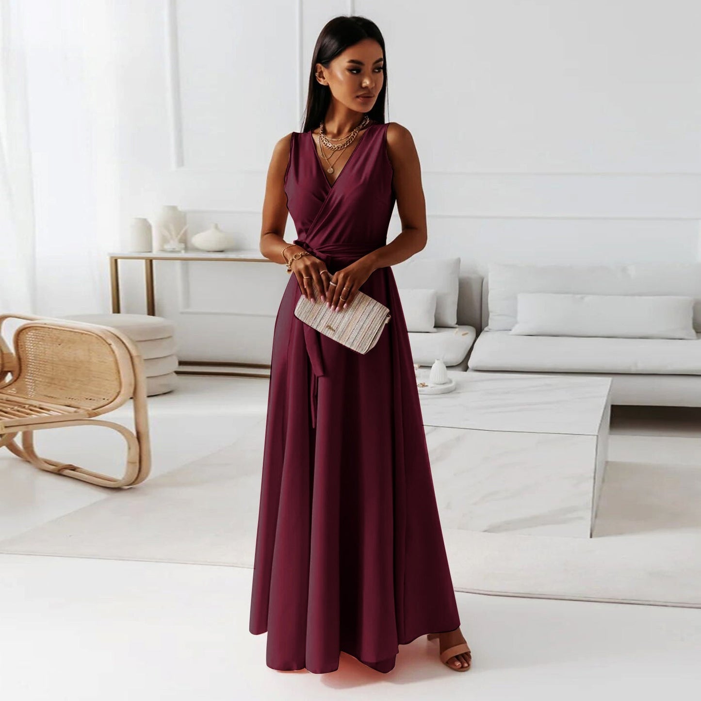 Gretchen - Ladies Single Color V-Neck Long Dress