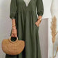 Maggie - Cotton and linen dress with V-neck, loose sleeves and lace
