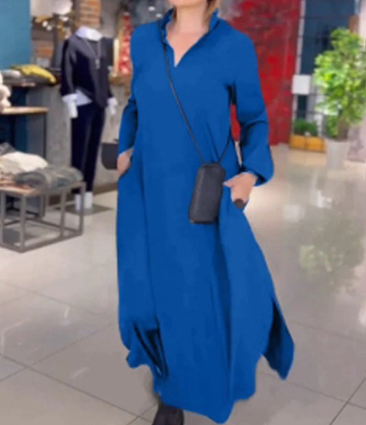Vina - Casual solid colored dresses with V-neck and long sleeves