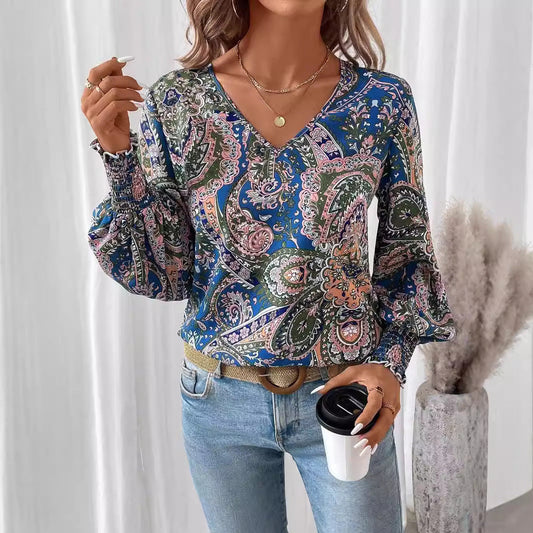Flower Print Women's Blouse with V-Neck & Lantern Sleeves – Malina