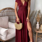 Gwendolyn - Deep V Neck Short Sleeves Pleated High Waist Split Dress Long Dress