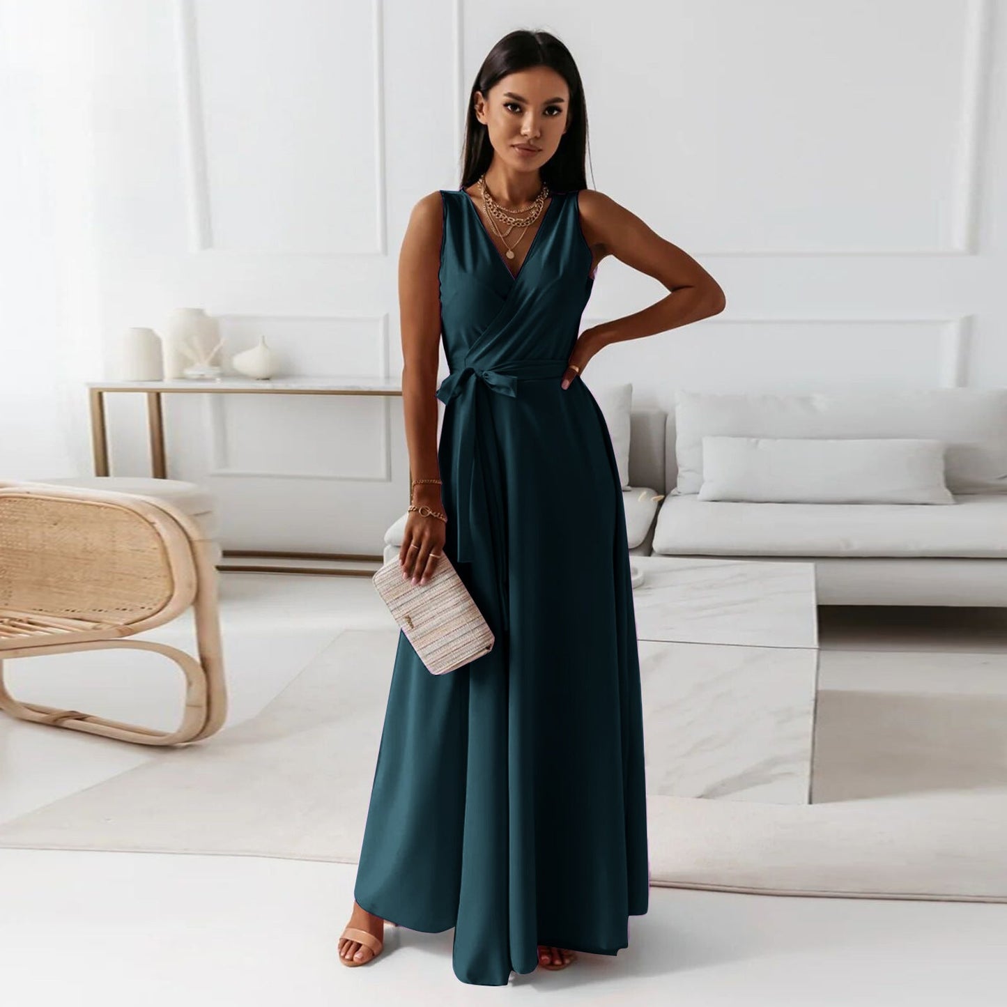 Gretchen - Ladies Single Color V-Neck Long Dress