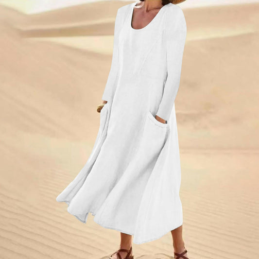Velly - Plain colored dress with long sleeves and a round neckline