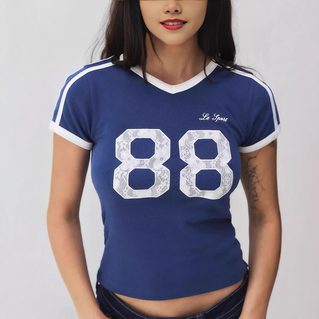 Trendy Women's T-Shirt with Lace Detail & Contrast Sleeves – Yelina