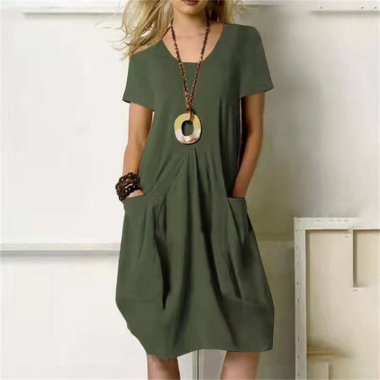Helena - Plain dress with loose round neck and short sleeves