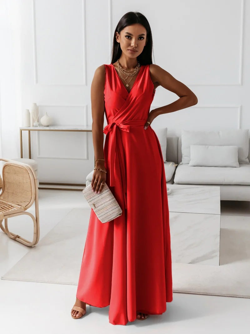 Gretchen - Ladies Single Color V-Neck Long Dress