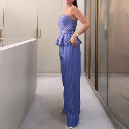 Jaymie - Fashionable striped set with tube top and printed pants
