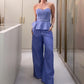 Jaymie - Fashionable striped set with tube top and printed pants