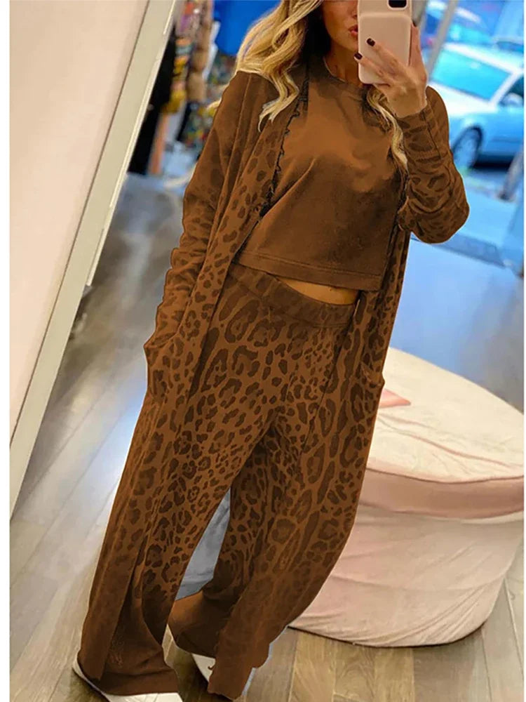 Janice - Leopard Print Cardigan, Long Sleeve Pocket and Elasticated Waist Pants Set
