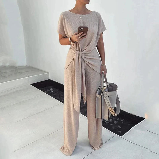 Juvy - Round Neck Short Sleeve Top Casual Loose Pockets Trouser Sets