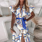 Alexa - Fashion ruffles short sleeve V-neck knot print midi dress