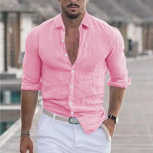 Lecky - Men's long sleeve cotton linen polo shirt