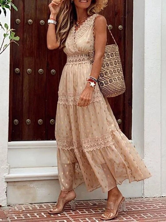 Women's Boho Maxi Dress with Lace: Sleeveless Summer Dress, Breezy Beach Dress with V-Neck and Embroidery Details