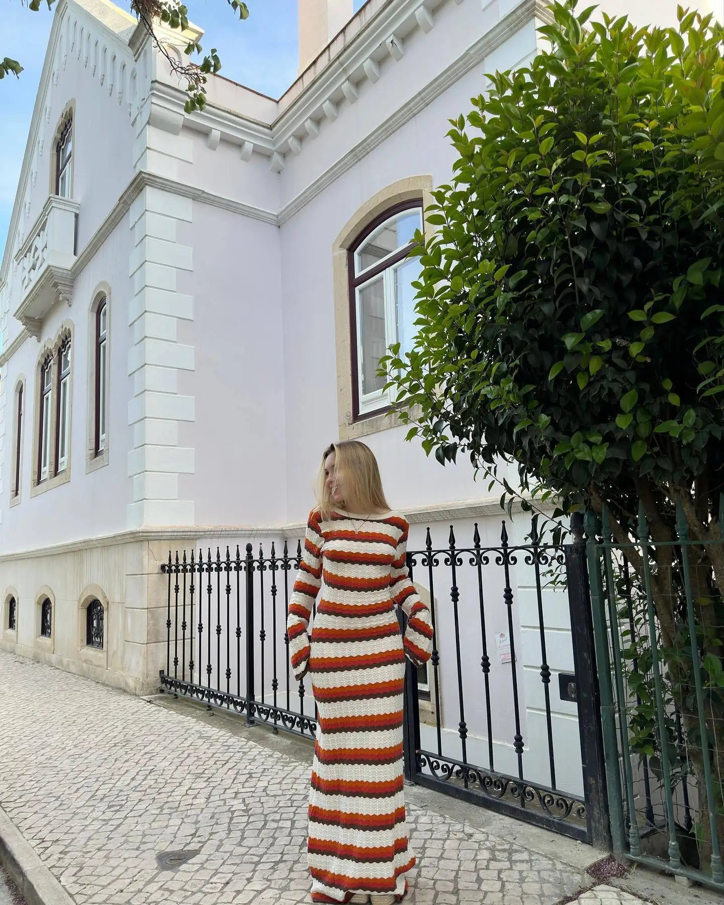 Eva - Knitted Striped Backless Maxi Dress