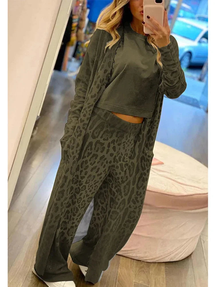 Janice - Leopard Print Cardigan, Long Sleeve Pocket and Elasticated Waist Pants Set