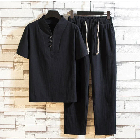 Jordano - Men's Cotton and Linen Short Sleeve T-Shirt and Ankle-Length Pants Set
