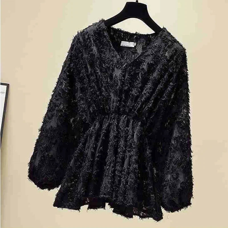 Luisa | Women's V-neck chiffon - blouse with lace and puff sleeves