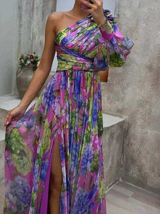 Lilac - Purple Print Side Split One Sleeve Sexy Maxi Dress