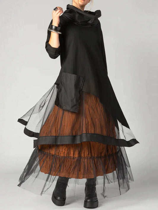 Corine - Patchwork dress with long sleeves and round neck