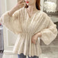 Luisa | Women's V-neck chiffon - blouse with lace and puff sleeves