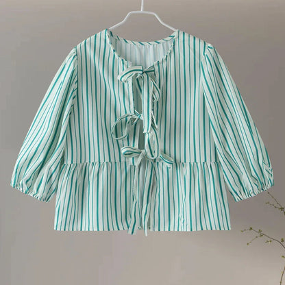 Chiara | Women's puff sleeve lace-up - spring blouse