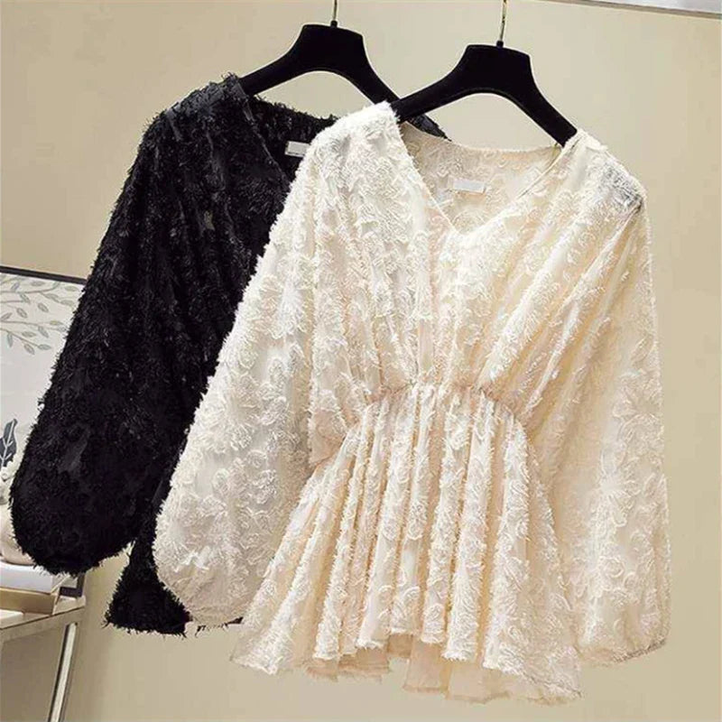 Luisa | Women's V-neck chiffon - blouse with lace and puff sleeves
