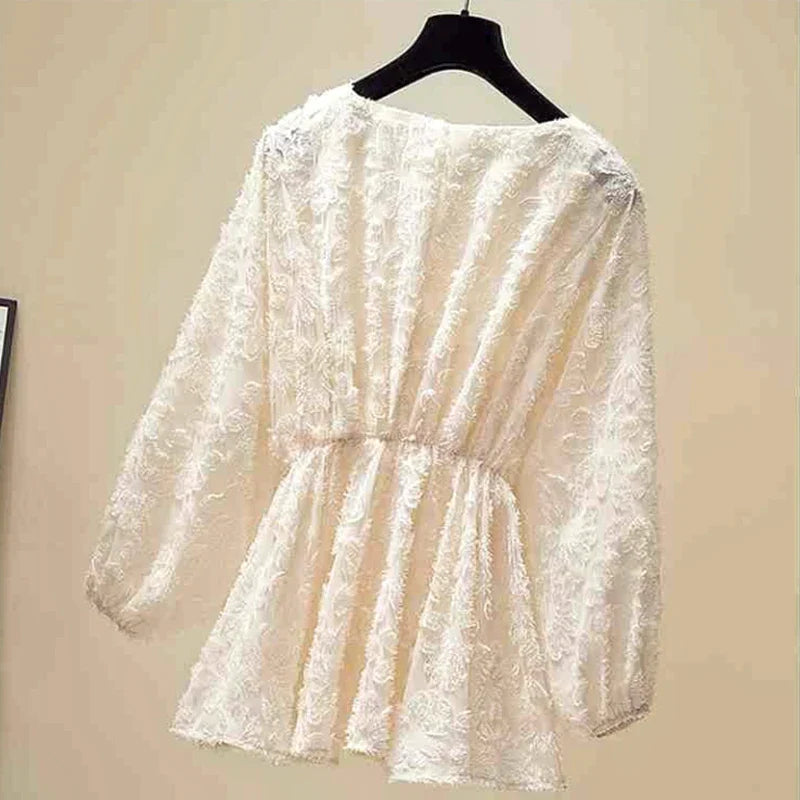 Luisa | Women's V-neck chiffon - blouse with lace and puff sleeves