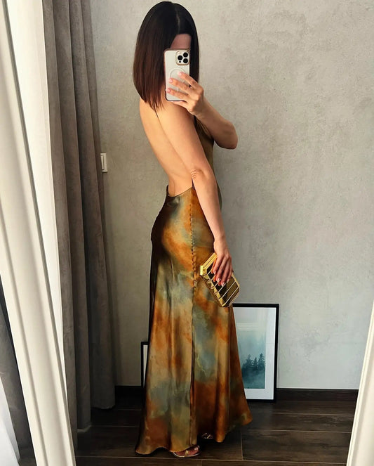 Evelyn - Elegant satin dress with coffee print