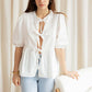 Kaye | Women's Puff-Sleeve Peplum Bow Top - Feminine & Elegant