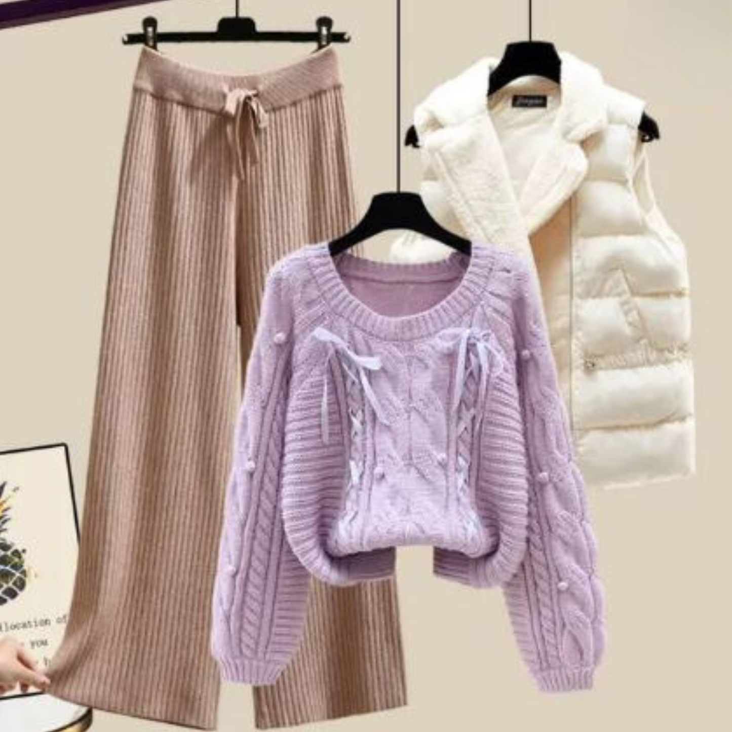 Nicole - Three-piece women's cardigan jacket, loose sweater and wide trouser legs