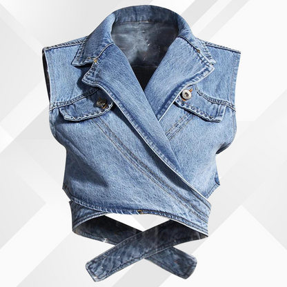 Rebecca | Women's denim vest - blouse with puff sleeves
