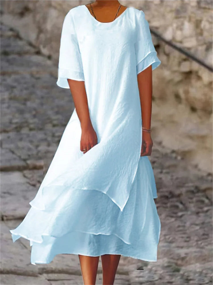 Avianna - Double layered dress with short sleeves and round neckline