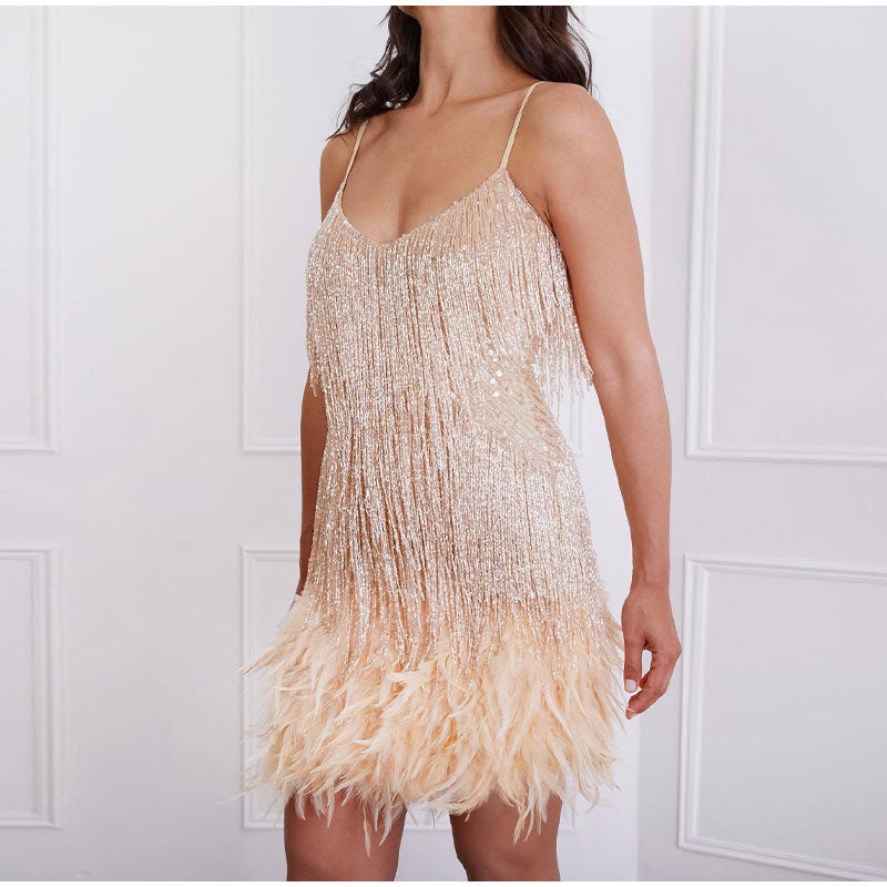 Happiness - Elegant Cocktail Dress for Women with Sequins and Feathers