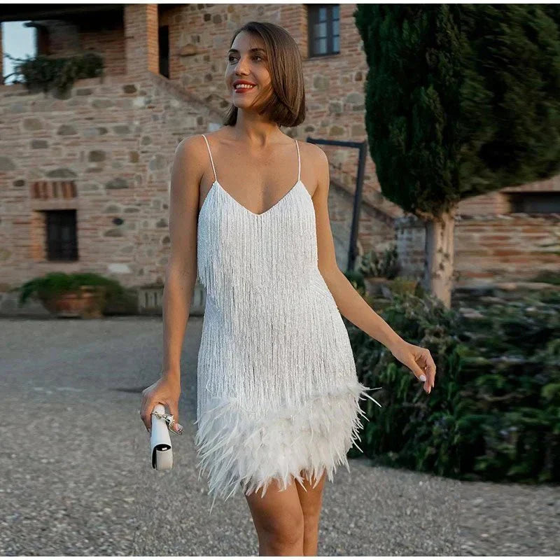 Happiness - Elegant Cocktail Dress for Women with Sequins and Feathers