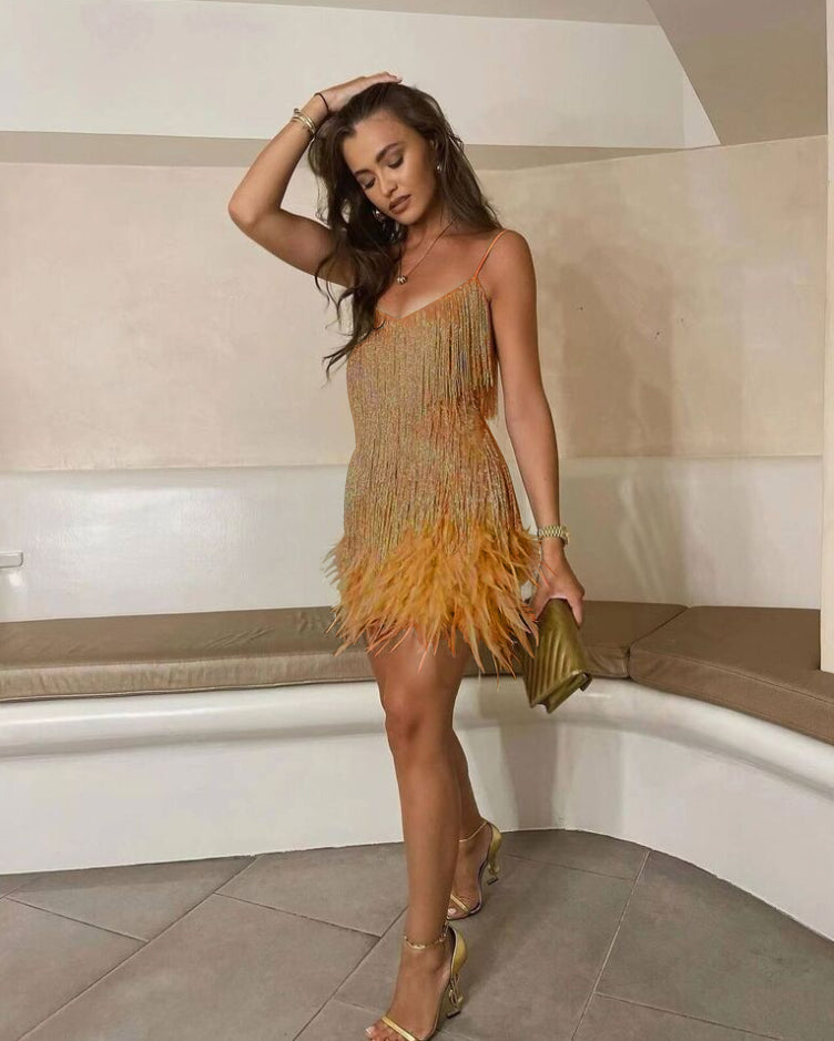 Happiness - Elegant Cocktail Dress for Women with Sequins and Feathers