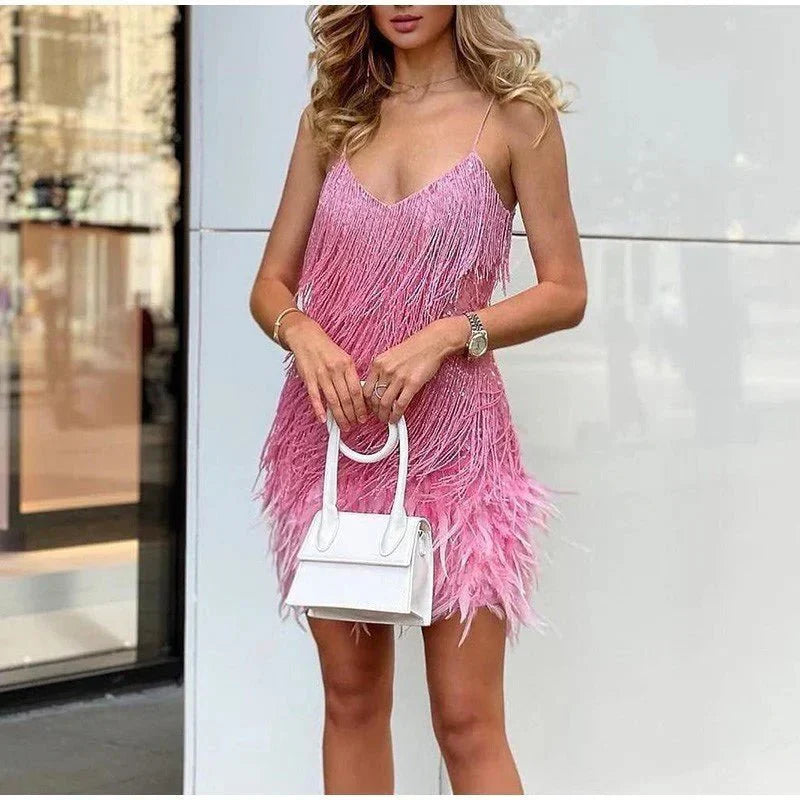 Happiness - Elegant Cocktail Dress for Women with Sequins and Feathers