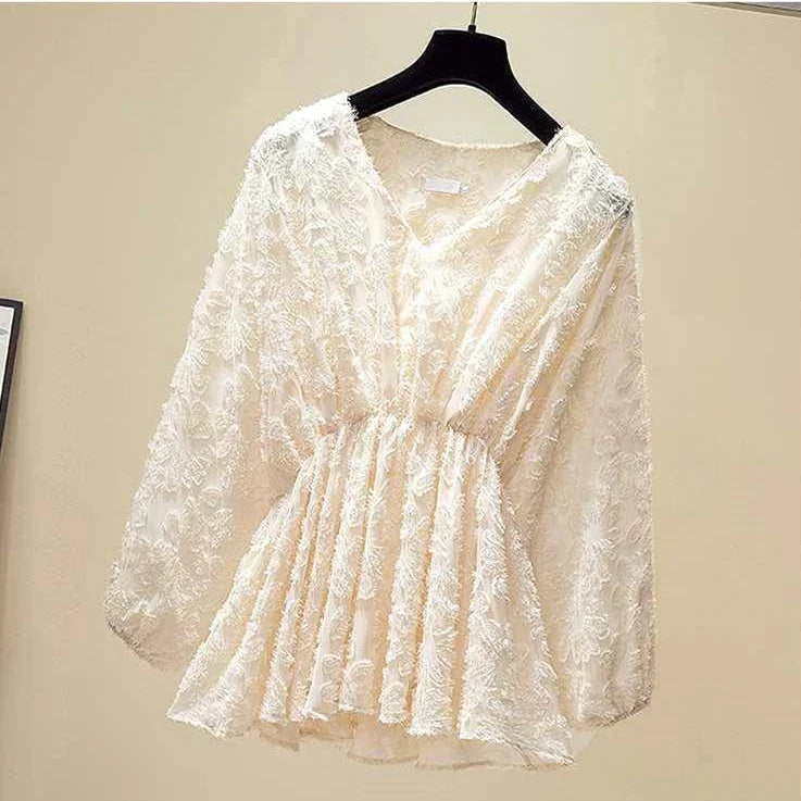 Luisa | Women's V-neck chiffon - blouse with lace and puff sleeves