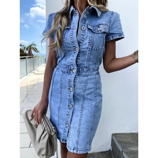 Women's Jeans Dress with Button Placket – Slim-Fit Denim Dress with Short Sleeves for Summer