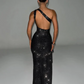 Scarlett – shiny, backless cocktail dress with pearls