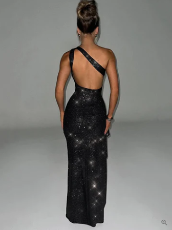 Scarlett – shiny, backless cocktail dress with pearls