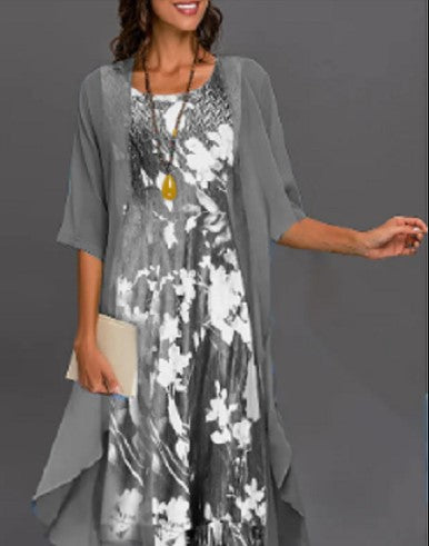 Emma – Gray Printed Midi Dress with Outerwear