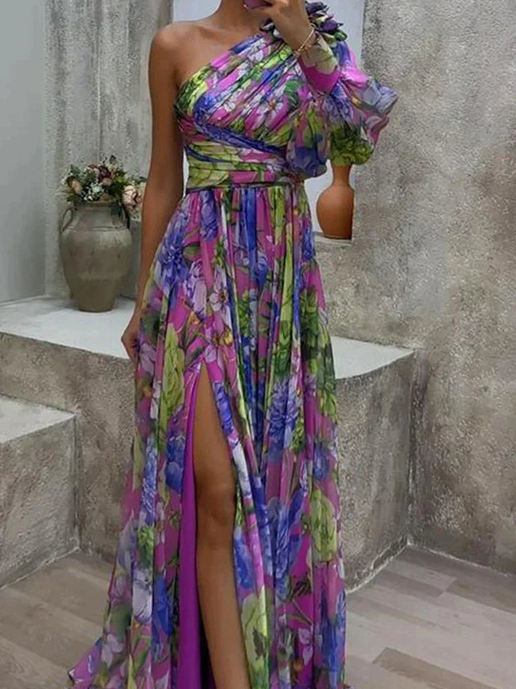 Lilac - Purple Print Side Split One Sleeve Sexy Maxi Dress