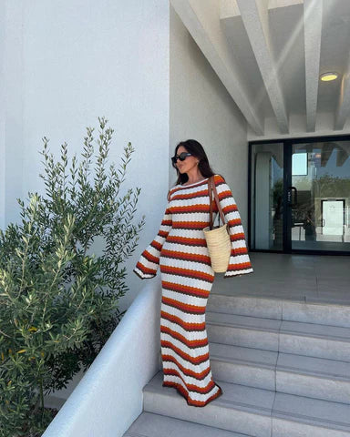 Eva - Knitted Striped Backless Maxi Dress