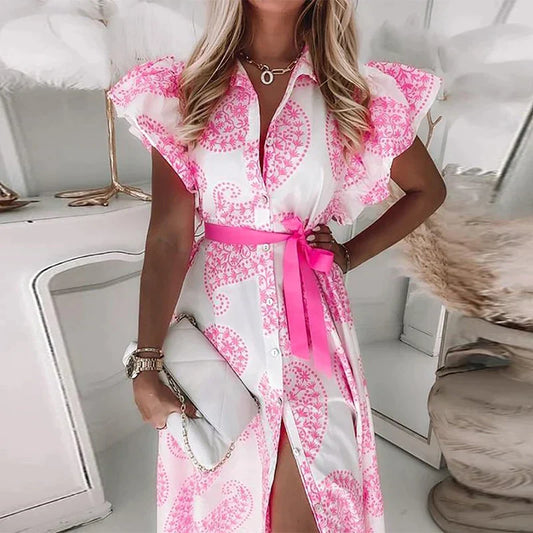 Alexa - Fashion ruffles short sleeve V-neck knot print midi dress