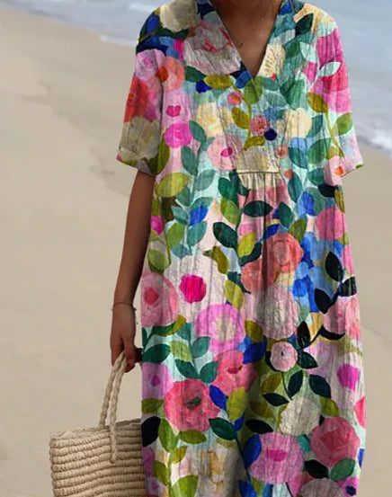 Women's Boho Maxi Dress – Flowy Floral Dress with Colorful Print & V-Neck for Beach & Summer