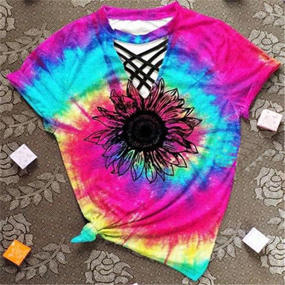 Trendy Women's T-Shirt with Cut-Out Design and Tie-Dye Pattern – Norina
