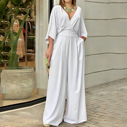 Felicity - Batwing Sleeves Wide Legs Solid Color Elegant Jumpsuit